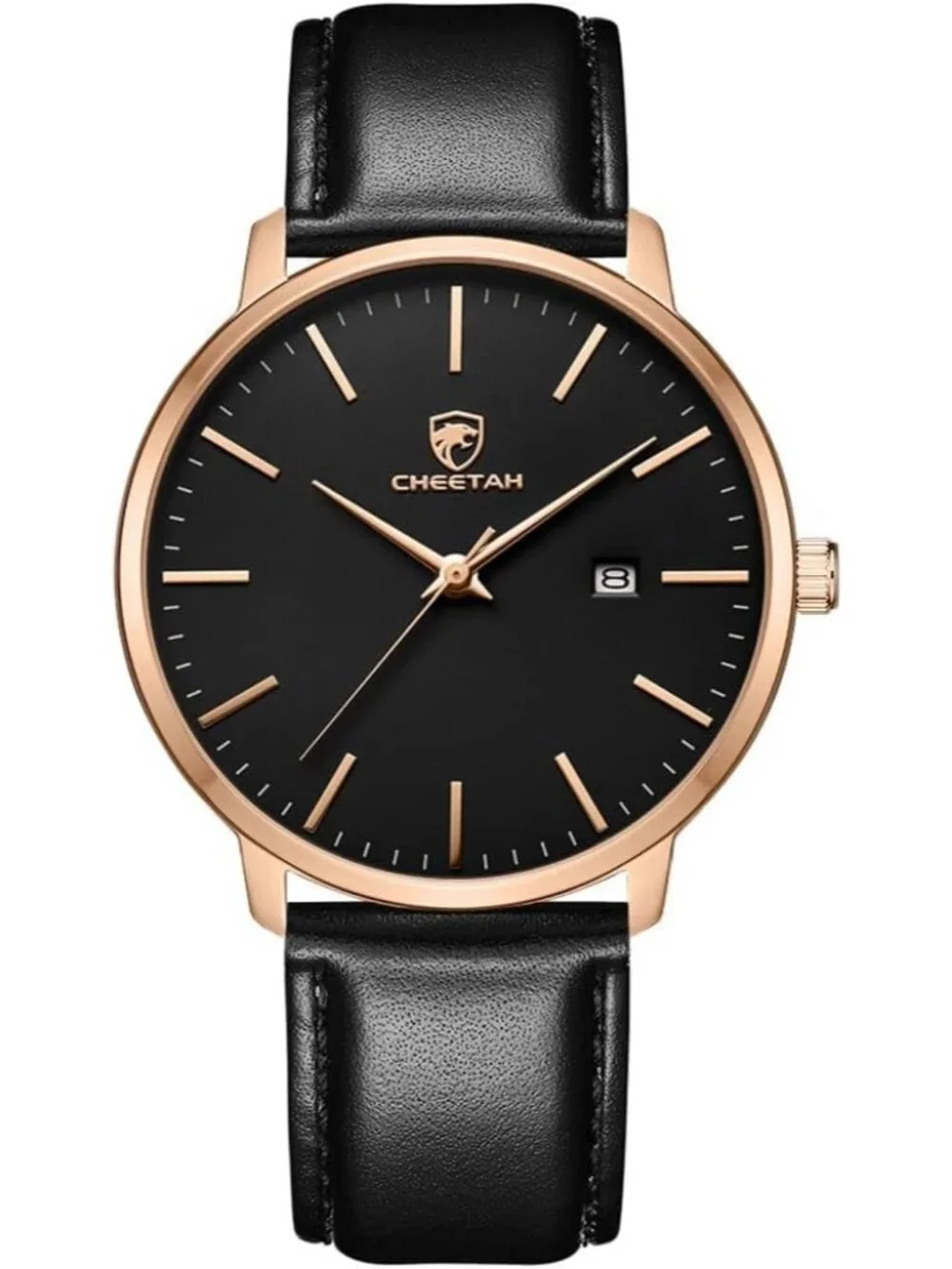 Men's  Rose/ Gold /Black Leather Strap Minimalist Waterproof Quartz Wrist Watch